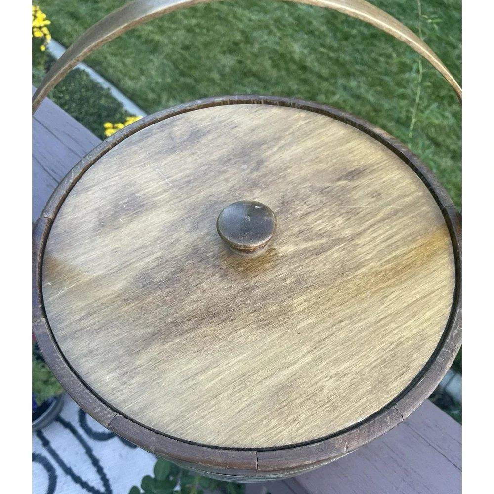 Vintage Wooden Firkin Sugar Bucket Swing Handle Lid 2 Brass Bands 12